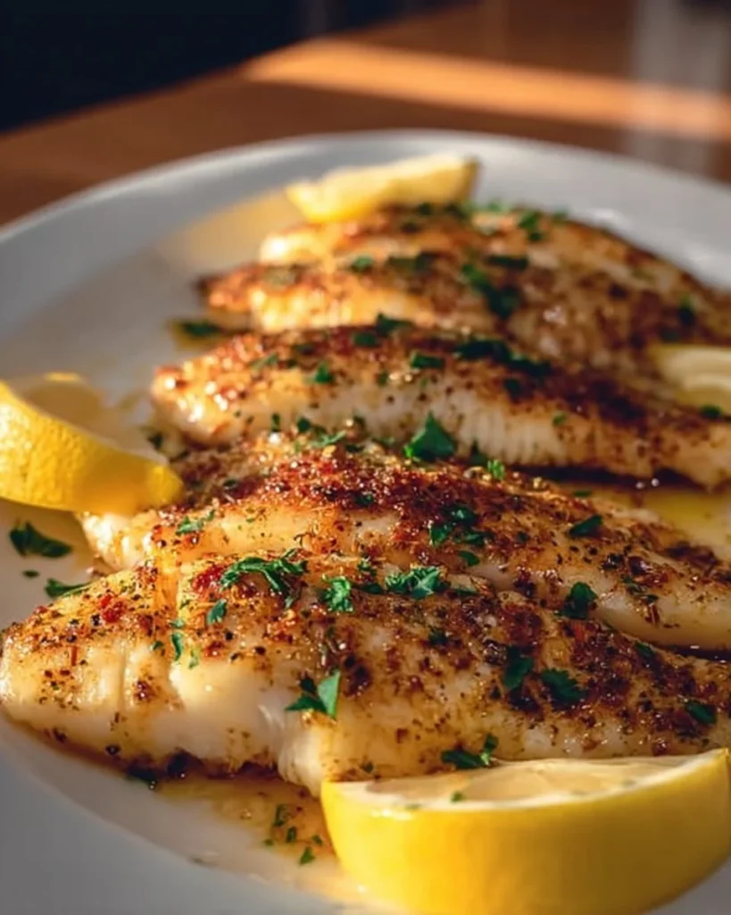 Delicious zesty lemon butter fish fillet served with fresh herbs.