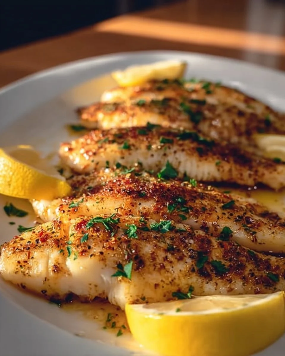 Delicious zesty lemon butter fish fillet served with fresh herbs.