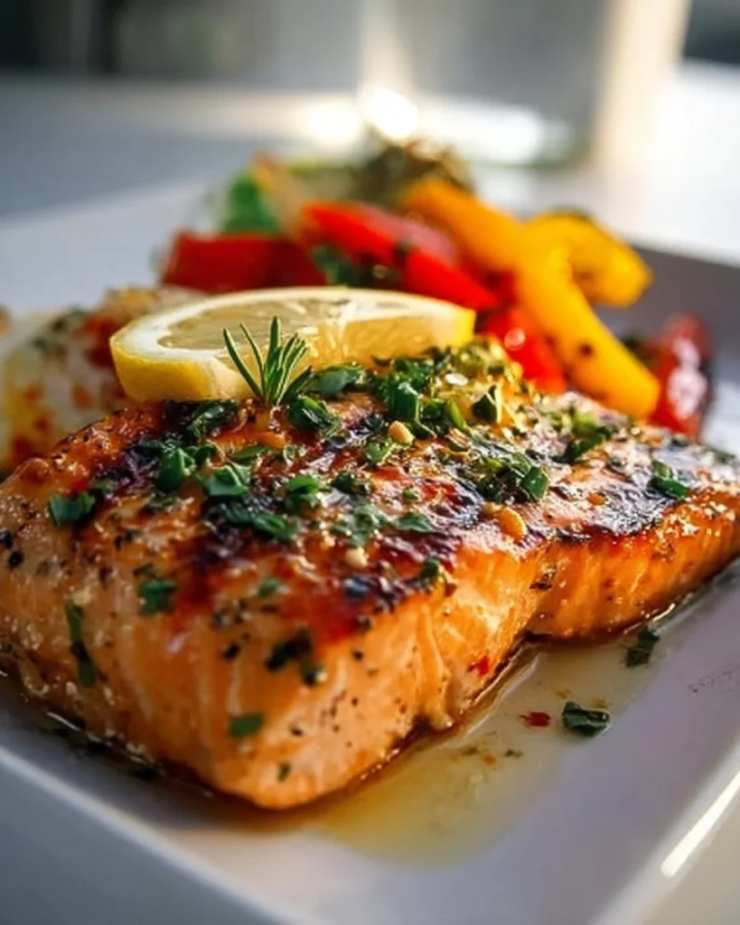 Zesty Lemon Grilled Salmon on a plate garnished with lemon slices and herbs.