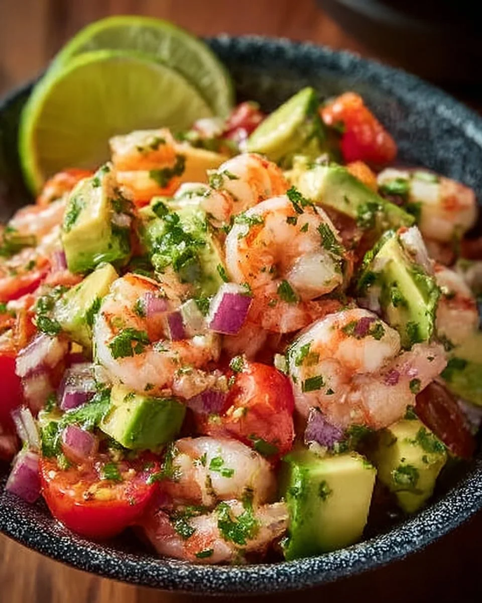 Zesty lime shrimp and avocado salad served in a bowl with fresh ingredients.