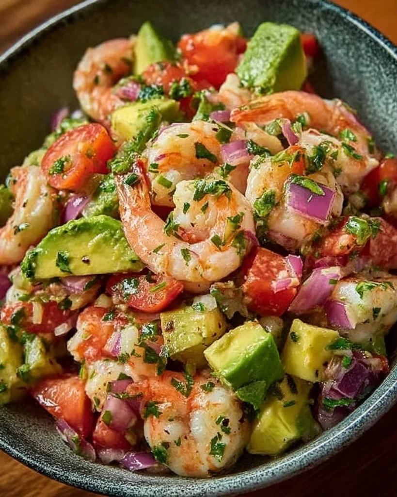 Zesty lime shrimp and avocado salad in a bowl with vibrant colors.