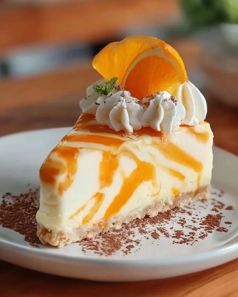 Zesty orange swirl cheesecake topped with vibrant orange swirls and creamy texture