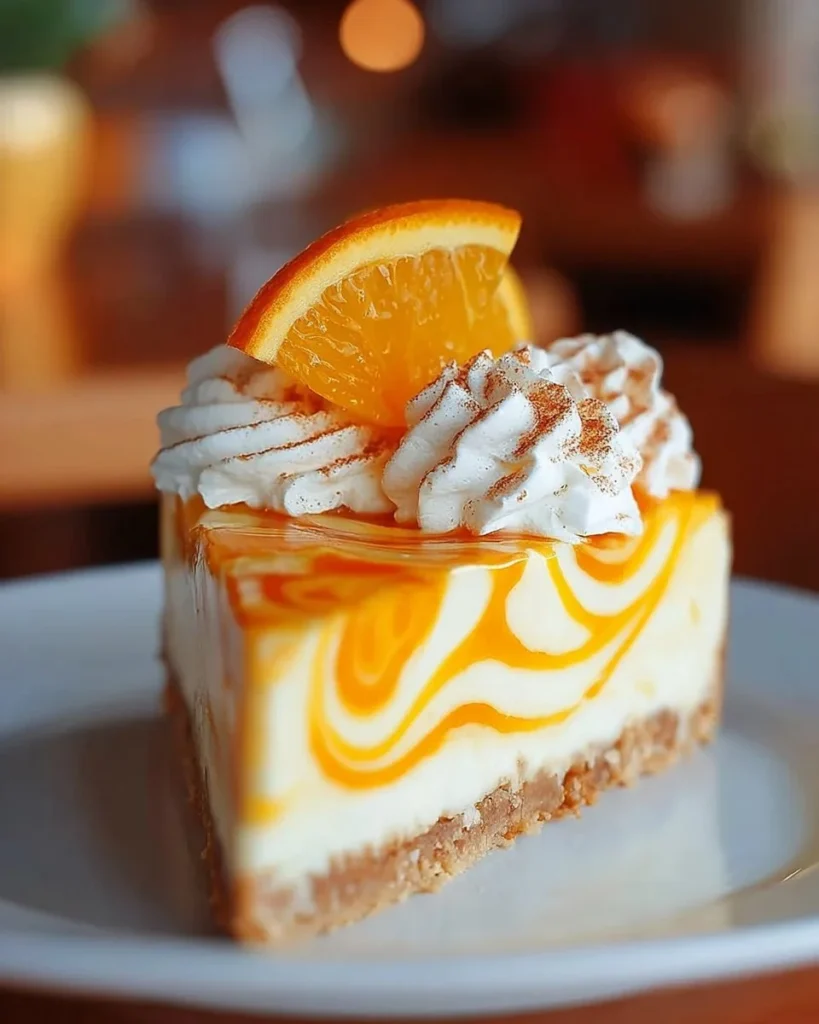 Zesty orange swirl cheesecake with vibrant citrus swirls on a graham cracker crust