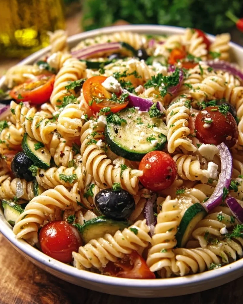 Vibrant Zesty Summer Pasta Salad with colorful veggies and herbs.
