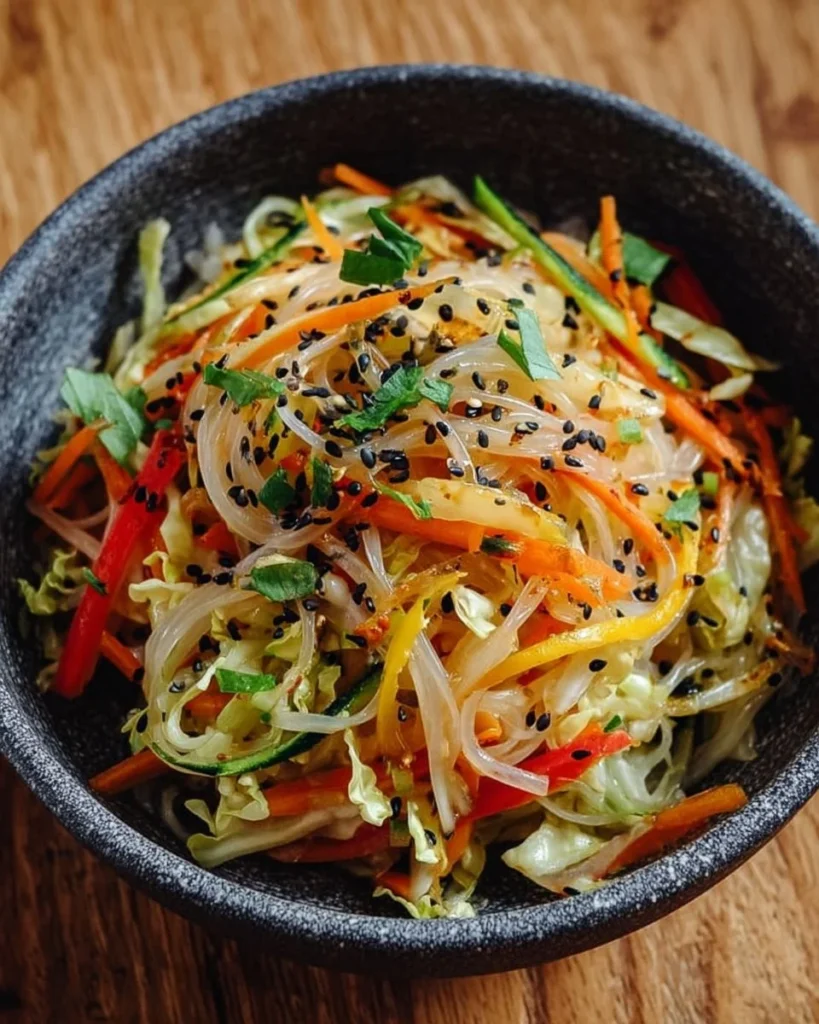 Zesty Thai Rice Noodle Salad with vibrant vegetables and herbs