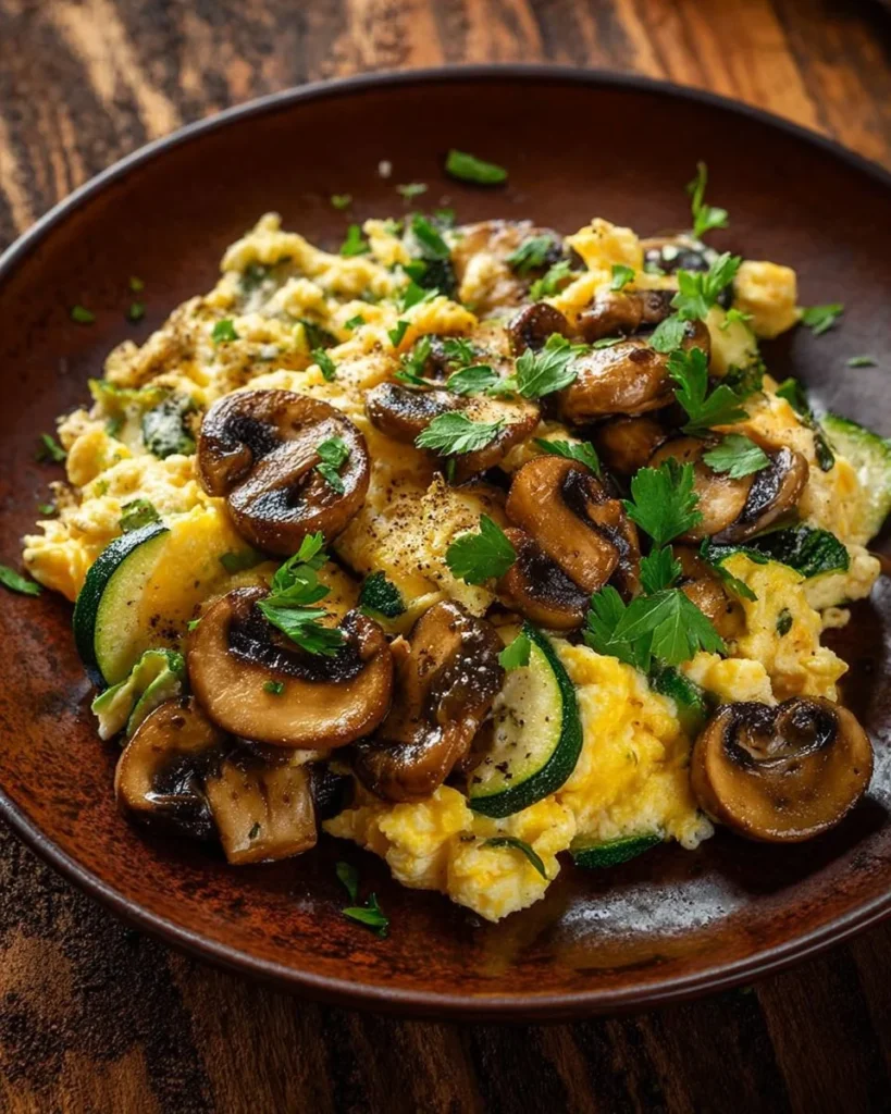 A vibrant Zucchini Mushroom Scramble with fresh vegetables in a skillet.