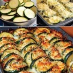 Delicious zucchini casserole served on a plate with melted cheese on top.