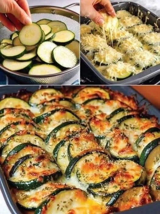 Delicious zucchini casserole served on a plate with melted cheese on top.