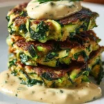 Zucchini fritters with feta and spinach served with garlic tzatziki sauce.