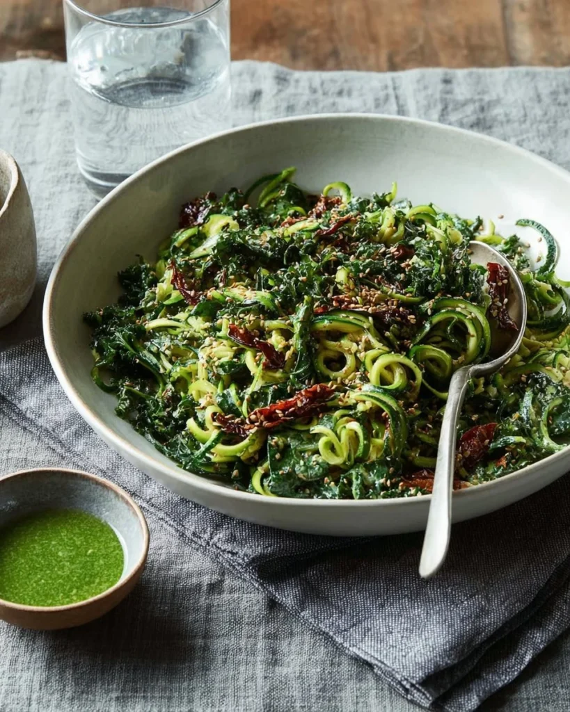 Bowl of zucchini noodles topped with fresh pesto and cherry tomatoes